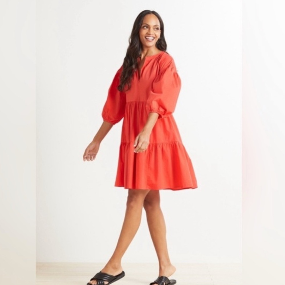Sundry For Evereve The Anywhere Tiered Puff Sleeve Poplin Cotton Dress 0 XS Red